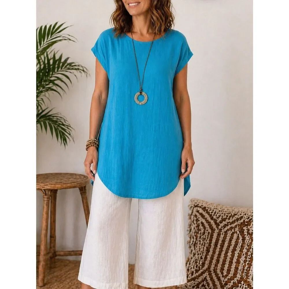 Oh My Gauze! Blue Cotton Tunic Top Short Sleeve Boho Coastal Size S/M